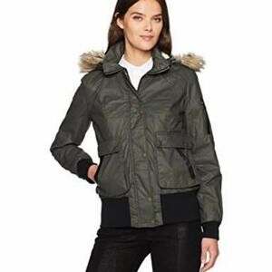 Sebby Collection Women's Waxy Cotton Bomber Jacket with A Fur Hood